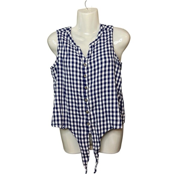 Natural Reflections Size Large Blue Check Gingham Sleeveless Button Front Blouse - Picture 1 of 5